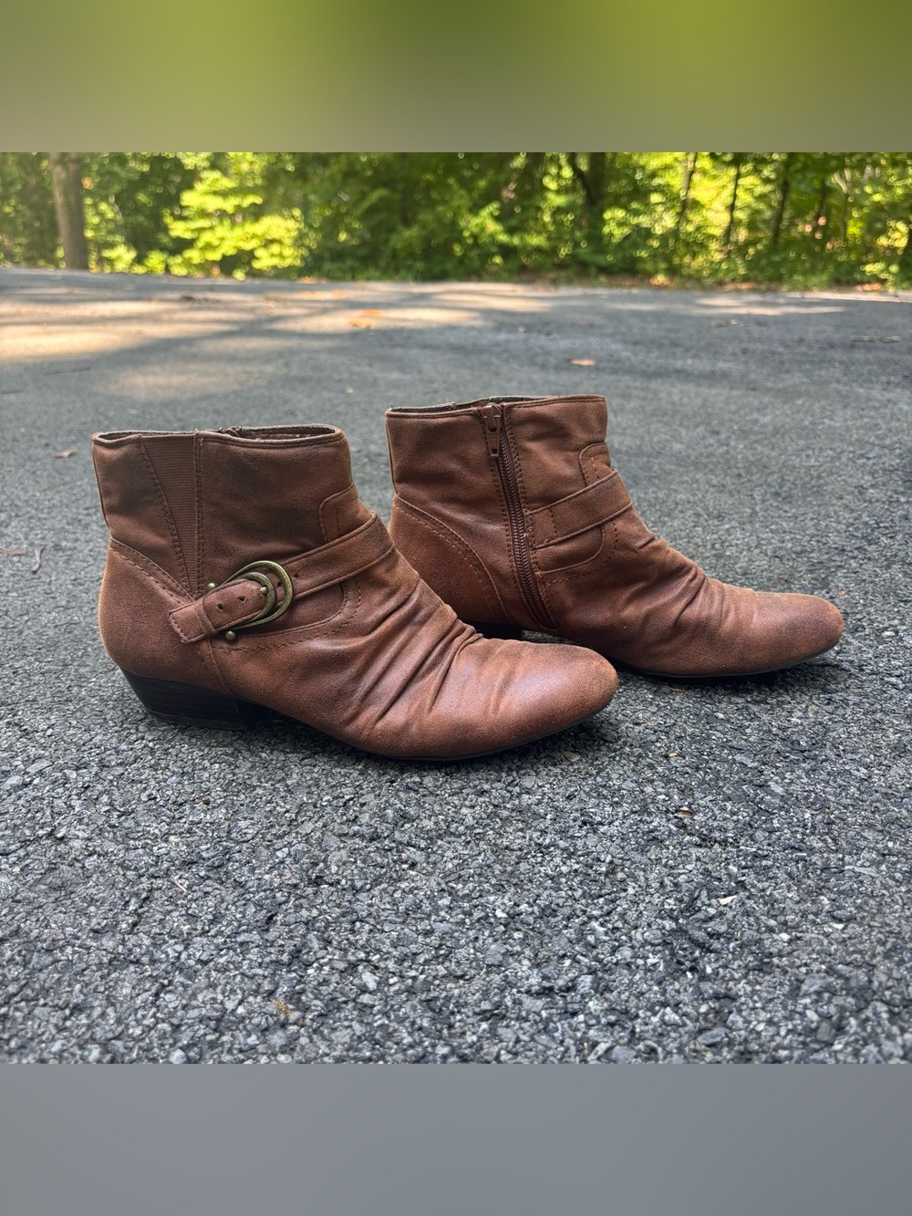 Kim Rogers Tarly Brown Ruched Ankle Boots Size 9M Double Buckle Booties